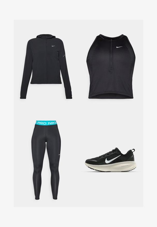 Must musta kapuutsiga jakk, millel on pikad varrukad ja mis on valmistatud kergetest materjalidest. Omab esitaskut, Nike logo ja kergelt silmatorkavaid disainiaktsente.; Must negra spordiline crop top, millel on lukk ees, võrgukangast detailid ja vormiv disain. Valmistatud venivast ja hingavast kangast. Nike logo ees.; Mustad mustaharjad mustade sportlike retuusidega, türkiissinise elastse vöökohtaga, millel on vasakul jalal valge Nike'i logo. Sile ja elastne materjal.; Musthave mustus Nike jooksujalats, millel on hingav võrgust ülemine osa, valge swoosh logo, tekstuuriga detailid ja kreemja värvusega ZoomX vahevöö.