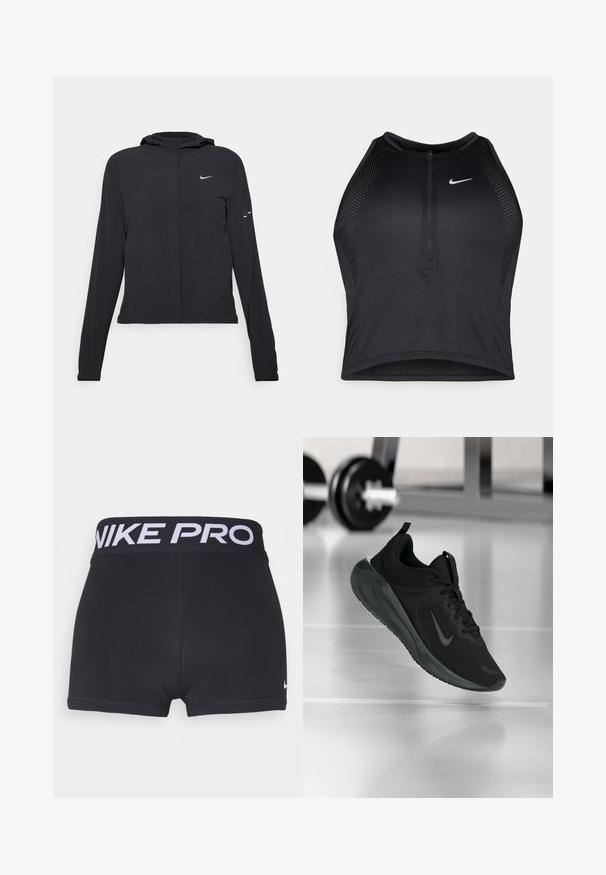 Must musta kapuutsiga jakk, millel on pikad varrukad ja mis on valmistatud kergetest materjalidest. Omab esitaskut, Nike logo ja kergelt silmatorkavaid disainiaktsente.; Must negra spordiline crop top, millel on lukk ees, võrgukangast detailid ja vormiv disain. Valmistatud venivast ja hingavast kangast. Nike logo ees.; Mustad musta värvi sportlikud lühikesed püksid laia musta vöökohtadega, millel on valge kiri "NIKE PRO". Sujuv, veniv kangas ja servade viimistlus on selgelt nähtavad.; Mustad mustang spordijalatsid Nike logo'ga, õhus spordisaali põrandal, häguste hantlite riiulitega taustal.