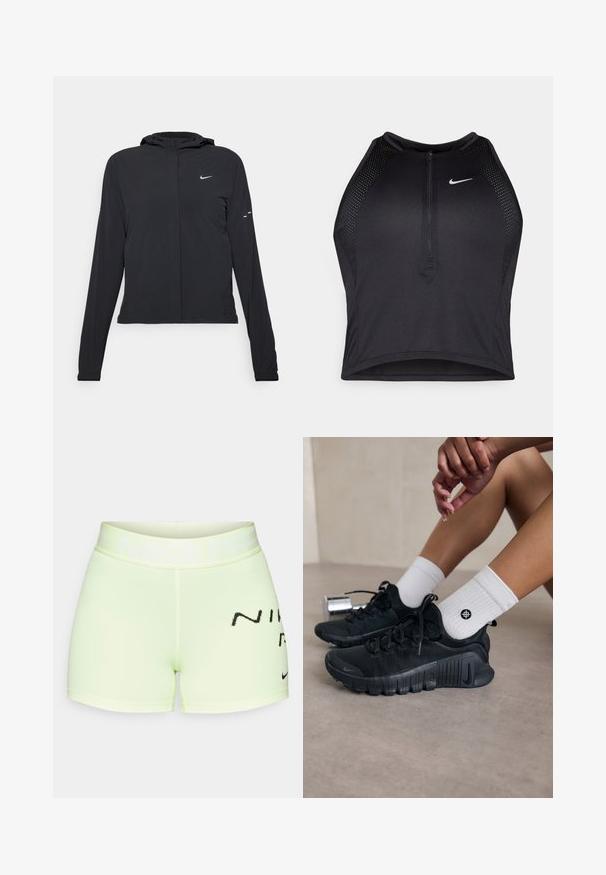 Zwarte kaptrui met lange mouwen, gemaakt van lichtgewicht materiaal. Voorzien van een ritssluiting aan de voorkant, een Nike-logo en subtiele ontwerpelementen.; Zwarte atletische crop top met een rits aan de voorkant, mesh accenten en een aansluitend ontwerp. Gemaakt van rekbare, ademende stof. Nike-logo aan de voorkant.; Lichtgroene sportshorts gemaakt van rekbare stof, met een brede tailleband waarop de tekst "NIKE PRO" staat en een zwarte logo-accent.; Zwarte sport schoenen van een gestructureerde stof, met vetersluiting en een opvallende zool, gecombineerd met witte geribbelde sokken met een klein logo.