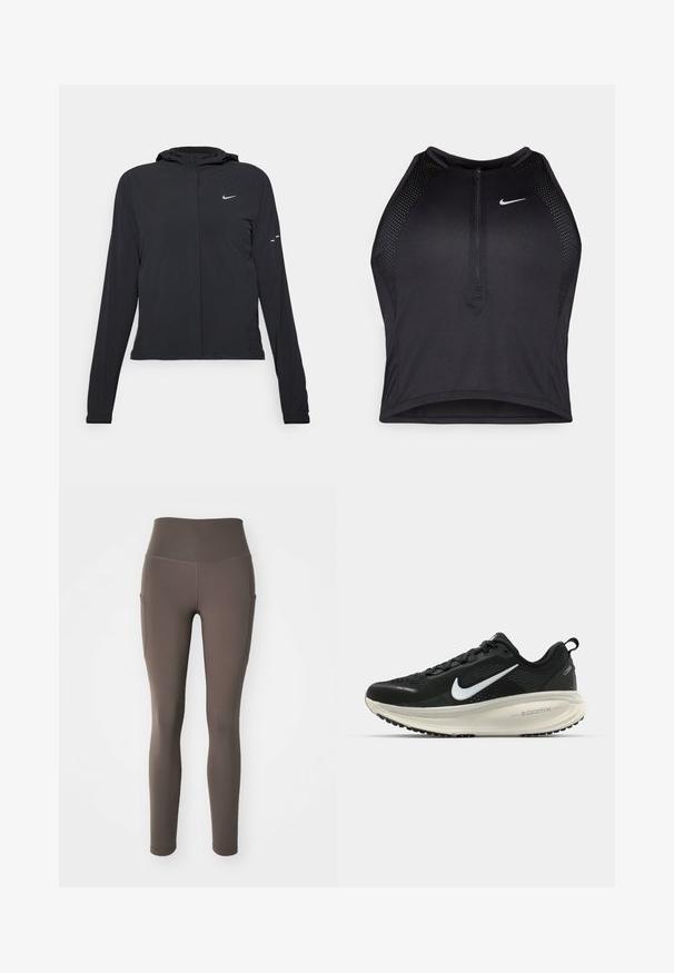 Zwarte kaptrui met lange mouwen, gemaakt van lichtgewicht materiaal. Voorzien van een ritssluiting aan de voorkant, een Nike-logo en subtiele ontwerpelementen.; Zwarte atletische crop top met een rits aan de voorkant, mesh accenten en een aansluitend ontwerp. Gemaakt van rekbare, ademende stof. Nike-logo aan de voorkant.; Nike Performance ONE 7/8 - Tights - ironstone; Zwarte Nike hardloopschoen met ademend mesh bovenwerk, witte swoosh-logo, gestructureerde details en een crèmekleurige ZoomX middenzool.