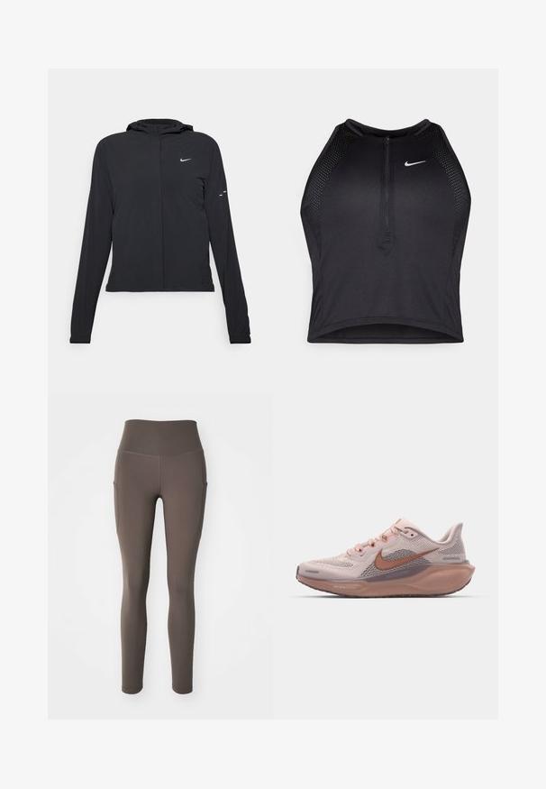 Zwarte kaptrui met lange mouwen, gemaakt van lichtgewicht materiaal. Voorzien van een ritssluiting aan de voorkant, een Nike-logo en subtiele ontwerpelementen.; Zwarte atletische crop top met een rits aan de voorkant, mesh accenten en een aansluitend ontwerp. Gemaakt van rekbare, ademende stof. Nike-logo aan de voorkant.; Nike Performance ONE 7/8 - Tights - ironstone; Lichtroze sportschoen met een bovenwerk van mesh, bruine accenten en een getextureerde zool. Bevat veters en een gevoerde hiel voor comfort.