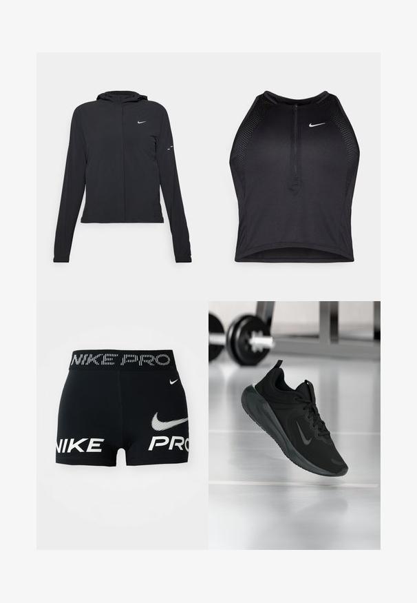 Must musta kapuutsiga jakk, millel on pikad varrukad ja mis on valmistatud kergetest materjalidest. Omab esitaskut, Nike logo ja kergelt silmatorkavaid disainiaktsente.; Must negra spordiline crop top, millel on lukk ees, võrgukangast detailid ja vormiv disain. Valmistatud venivast ja hingavast kangast. Nike logo ees.; Mustad mustad Nike Pro sportlikud lühikesed püksid valgete Nike logode ja tekstiga vööl ja eespool.; Mustad mustang spordijalatsid Nike logo'ga, õhus spordisaali põrandal, häguste hantlite riiulitega taustal.