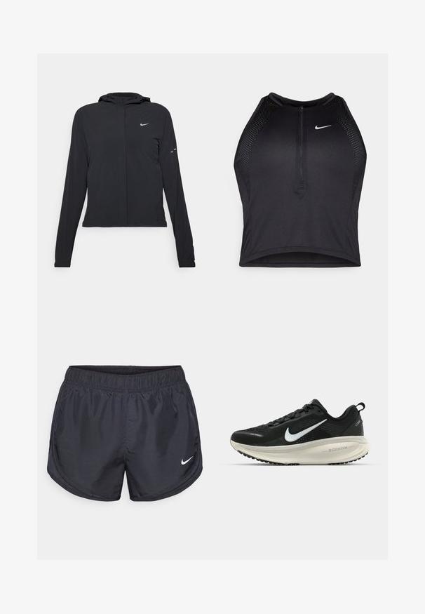 Mustassa hupparissa on pitkät hihat, ja se on valmistettu kevyestä materiaalista. Siinä on edessä vetoketju, Nike-logo ja hillityt muotoiluyksityiskohdat.; Musta urheilullinen crop-top, jossa on vetoketjukiinnitys, verkkokankaiset yksityiskohdat ja istuva malli. Valmistettu joustavasta ja hengittävästä kankaasta. Nike-logo edessä.; Mustat urheilushortsit, joissa on joustava vyötärö, valmistettu kevyestä materiaalista ja joissa on pieni valkoinen Nike-logo alareunassa vasemmalla puolella.; Mustat Nike-juoksukengät, joissa on hengittävä verkko-osa, valkoinen swoosh-logo, teksturoitu yksityiskohtaus ja kermaisen värinen ZoomX-välipohja.