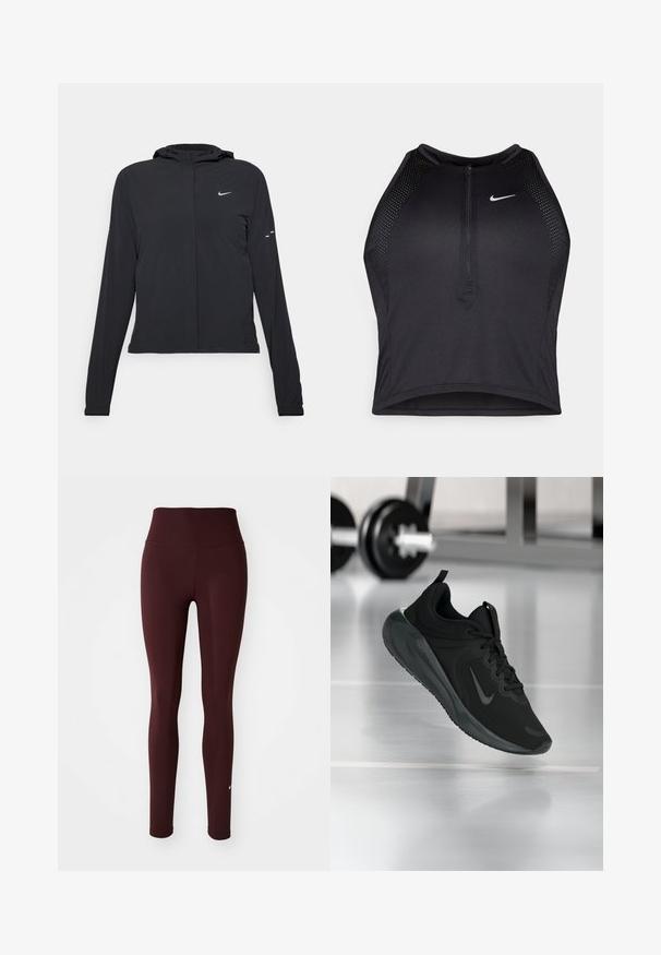 Casaco preto com capuz e mangas longas, feito de material leve. Apresenta um fecho dourado na frente, um logótipo da Nike e detalhes de design subtis.; Top cropped atlético preto com fecho à frente, acentos em malha e um design ajustado. Feito de tecido elástico e respirável. Logótipo da Nike na frente.; Leggings burgundy com uma cintura alta, feitos de material elástico. Apresentam um pequeno logótipo branco na parte inferior da perna esquerda, textura suave.; Sapatilha desportiva preta com o logotipo da Nike, mostrada em pleno ar sobre o chão do ginásio, com um suporte de halteres desfocado ao fundo.