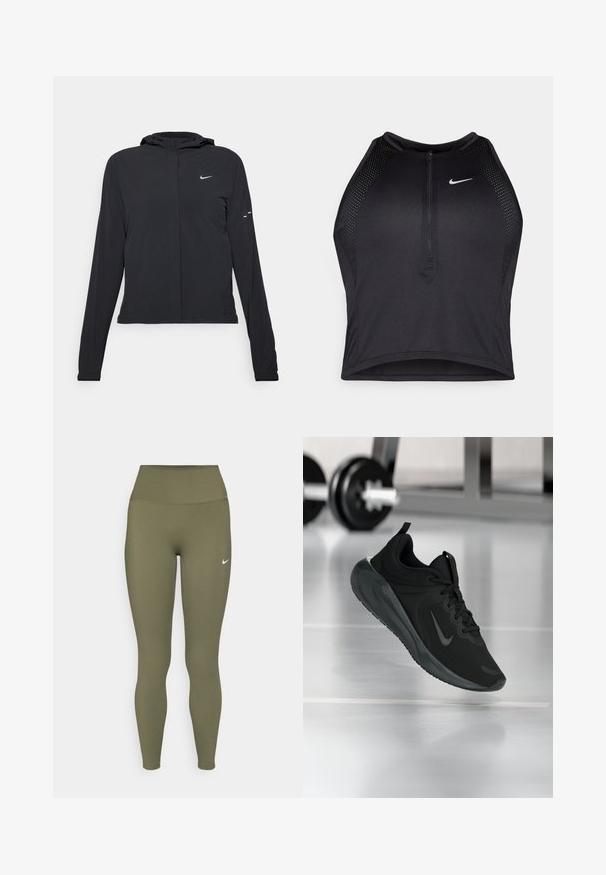 Czarna kurtka z kapturem, z długimi rękawami, wykonana z lekkiego materiału. Posiada zamek błyskawiczny z przodu, logo Nike oraz subtelne akcenty wzornicze.; Czarny sportowy crop top z zamkiem z przodu, z siateczkowymi akcentami i dopasowanym krojem. Wykonany z elastycznego, oddychającego materiału. Logo Nike z przodu.; Zielone oliwkowe legginsy z wysokim stanem, wykonane z gładkiego, elastycznego materiału, z małym białym logo blisko pasa.; Czarny sportowy sneaker z logo Nike, pokazany w powietrzu na podłodze siłowni, z rozmytym regałem z hantlami w tle.