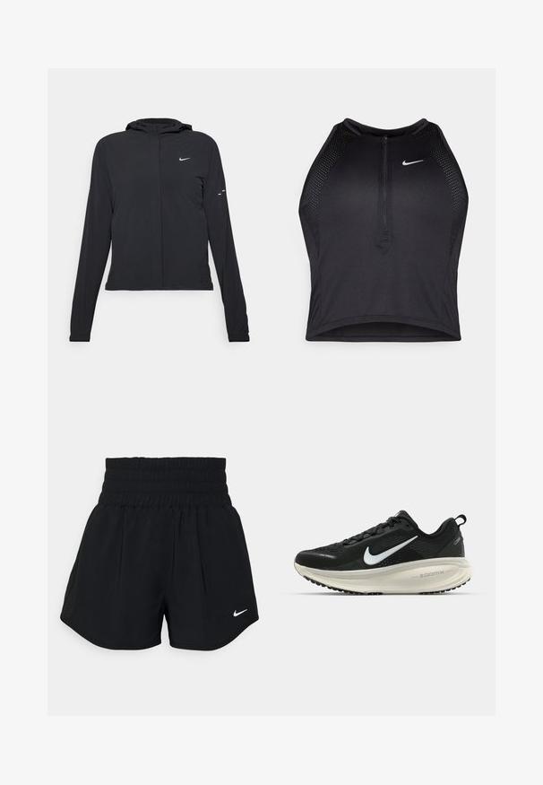 Svart hettegenser med lange ermer, laget av lett materiale. Har glidelås foran, Nike-logo og subtile design detaljer.; Svart idretts crop top med glidelås foran, mesh-detaljer og en figurvennlig design. Laget av elastisk, pustende materiale. Nike-logo på forsiden.; Svarte treningsshorts med elastisk midjebånd, plisserte detaljer og liten hvit Nike-logo nederst til venstre.; Svart Nike løpesko med pustende mesh-overdel, hvit swoosh-logo, teksturert detaljer og en kremfarget ZoomX mellomsåle.