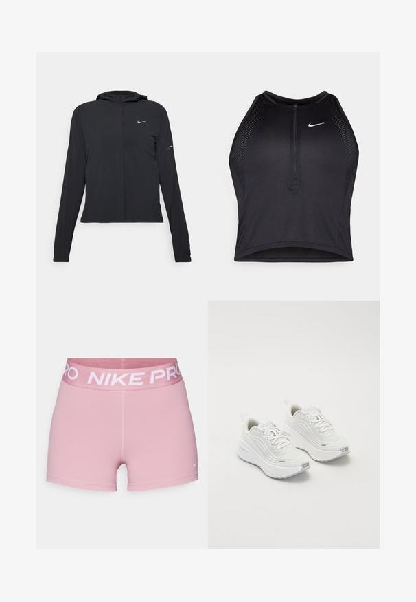 Jachetă neagră cu glugă, cu mâneci lungi, fabricată din material ușor. Dispune de un fermoar frontal, un logo Nike și accente de design subtile.; Top sportiv black, cu croială scurtă, cu fermoar în față, accente din plasă și un design ajustat. Fabricat dintr-un material elastic și respirabil. Logo-ul Nike pe față.; Shorts atletici roz, din material elastic, având un talie lată și moale cu logo-ul "NIKE PRO" alb și un mic swoosh Nike pe picior.; Pantofi sport albi cu un superior din plasă texturată, talpă amortizată și accente subtile de gri. Include branding și un buclă la călcâi pentru a fi ușor de încălțat.