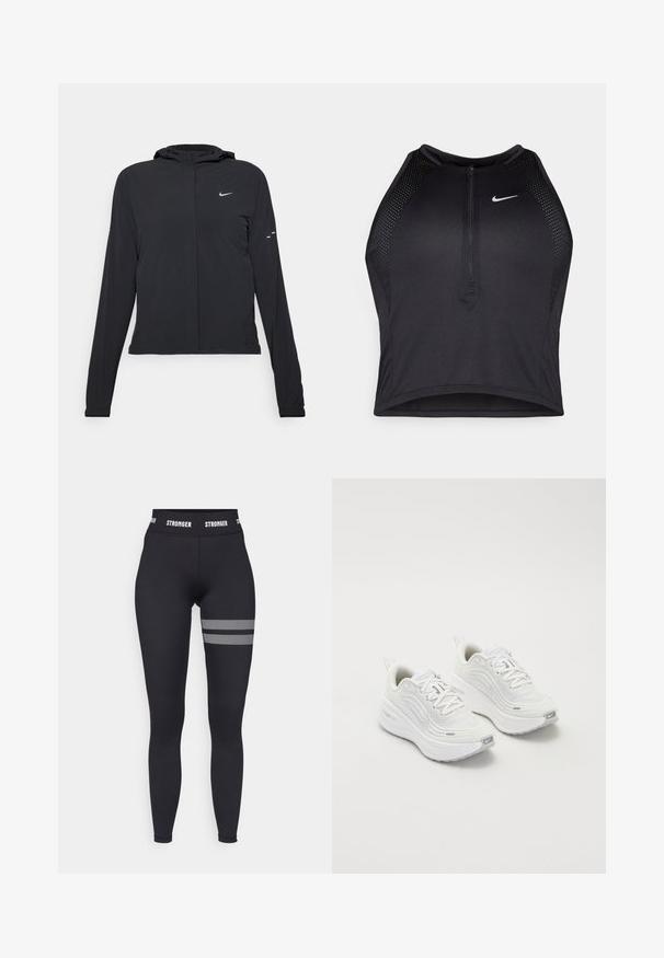 Svart hettegenser med lange ermer, laget av lett materiale. Har glidelås foran, Nike-logo og subtile design detaljer.; Svart idretts crop top med glidelås foran, mesh-detaljer og en figurvennlig design. Laget av elastisk, pustende materiale. Nike-logo på forsiden.; Svart leggings med høy livvidde, prydet med en hvit "STRONGER" logo på livet og mesh-detaljer i horisontale striper på låret.; Hvite joggesko med et teksturert mesh-overdel, polstret såle og subtile grå aksenter. Inkluderer merkevare og løkke på hælen for enkel påkledning.