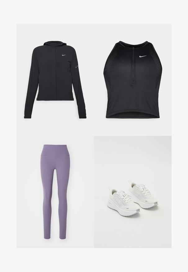 Svart hettegenser med lange ermer, laget av lett materiale. Har glidelås foran, Nike-logo og subtile design detaljer.; Svart idretts crop top med glidelås foran, mesh-detaljer og en figurvennlig design. Laget av elastisk, pustende materiale. Nike-logo på forsiden.; Nike Performance ZENVY - Tights - purple; Hvite joggesko med et teksturert mesh-overdel, polstret såle og subtile grå aksenter. Inkluderer merkevare og løkke på hælen for enkel påkledning.
