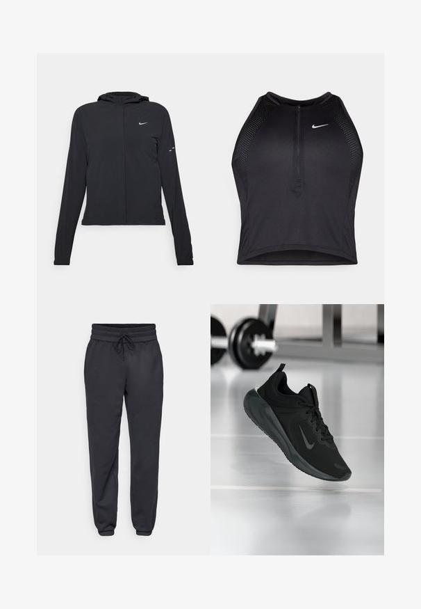 Black hooded jacket with long sleeves, made from lightweight material. Features a front zipper, a Nike logo, and subtle design accents.; Black athletic crop top with a zip-front, mesh accents, and a fitted design. Made from stretchy, breathable fabric. Nike logo on front.; New Balance WARMING PERFORMANCE JOGGER - Tracksuit bottoms - black; Black sports sneaker with Nike logo, shown mid-air on gym floor, with blurred dumbbell rack in background.