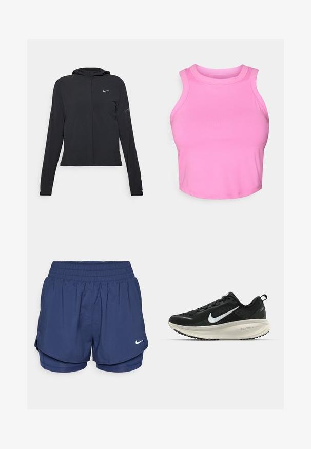 Black hooded jacket with long sleeves, made from lightweight material. Features a front zipper, a Nike logo, and subtle design accents.; Pink crop top with a high neckline and sleeveless design. Made from smooth, stretchy fabric with no visible patterns or hardware.; Navy blue double-layer sports shorts with elastic waistband and white Nike swoosh logo on front right side.; Black Nike running shoe with breathable mesh upper, white swoosh logo, textured detailing, and a cream-colored ZoomX midsole.