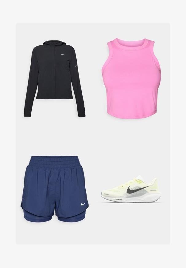 Schwarze Kapuzenjacke mit langen Ärmeln, aus leichtem Material gefertigt. Sie hat einen vorderen Reißverschluss, ein Nike-Logo und dezente Designelemente.; Rosa Crop-Top mit hohem Kragen und ärmellosem Design. Hergestellt aus glattem, dehnbarem Stoff ohne sichtbare Muster oder Beschläge.; Dunkelblaue, doppellagige Sportshorts mit elastischem Bund und weißem Nike-Swoosh-Logo auf der Vorderseite rechts.; Nike Laufschuhe mit einem hellgelben und weißen Mesh-Obermaterial, grauen Akzenten und einer flexiblen Gummisohle. Verfügt über einen Schnürverschluss.
