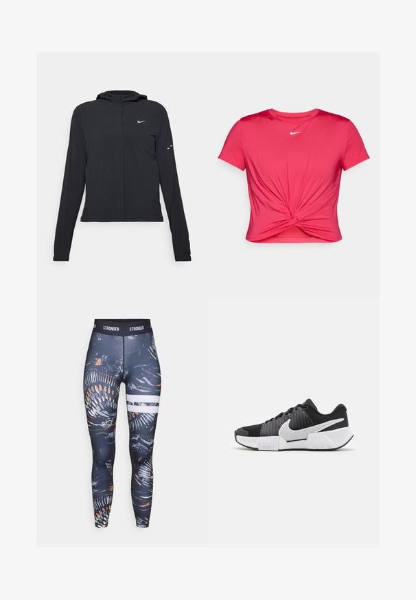 Mustassa hupparissa on pitkät hihat, ja se on valmistettu kevyestä materiaalista. Siinä on edessä vetoketju, Nike-logo ja hillityt muotoiluyksityiskohdat.; Lyhythihainen vaaleanpunainen suorituskykyt-paita, jossa on kierretty solmu edessä ja pieni valkoinen Nike-logo rinnassa.; Korkeavyötaiset legginsit, jotka on valmistettu joustavasta kankaasta. Ne esittelevät tumman abstraktin kuvion, värikkäitä yksityiskohtia ja valkoisia vaakasuoria raitoja.; Mustavalkoiset urheilukengät, joissa on teksturoitu päällinen, keskeinen Nike-logon muotoilu ja kontrastivärinen pohjamuotoilu paremman pidon ja vakauden saavuttamiseksi.