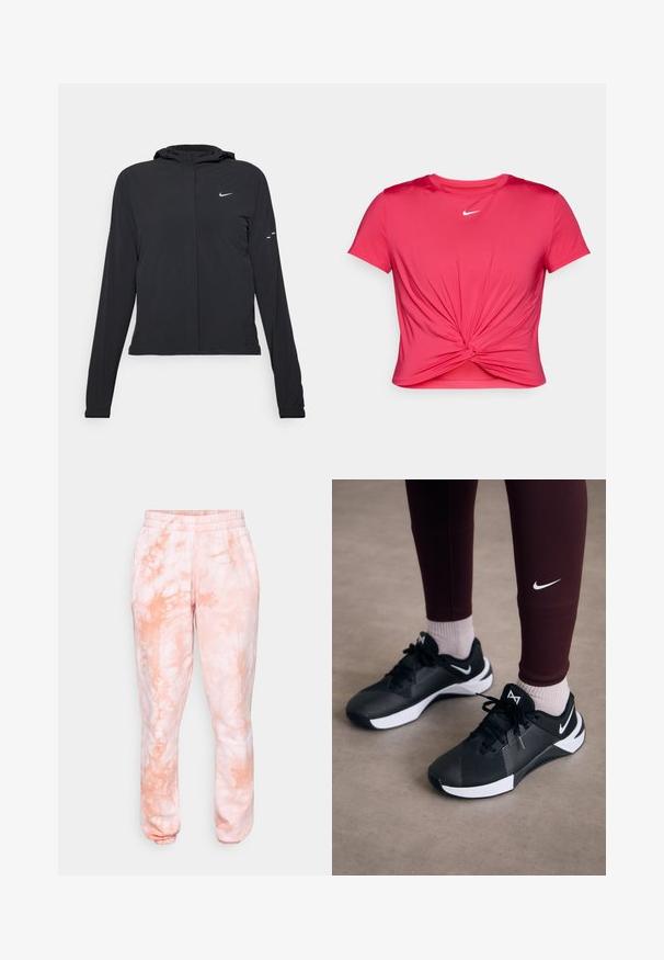 Mustassa hupparissa on pitkät hihat, ja se on valmistettu kevyestä materiaalista. Siinä on edessä vetoketju, Nike-logo ja hillityt muotoiluyksityiskohdat.; Lyhythihainen vaaleanpunainen suorituskykyt-paita, jossa on kierretty solmu edessä ja pieni valkoinen Nike-logo rinnassa.; Vaaleanpunaiset collegehousut, joissa on räikeä värjäyskuvio, pehmeä pinta, joustava vyötärö ja ribbireunat nilkoissa.; Mustat urheilukengät, joissa on teksturoitu päällinen ja valkoiset yksityiskohdat, varustettuna nauhoilla ja sivulogolla. Yhdistettynä viininpunaisiin legginsseihin ja vaaleisiin sukkiin.