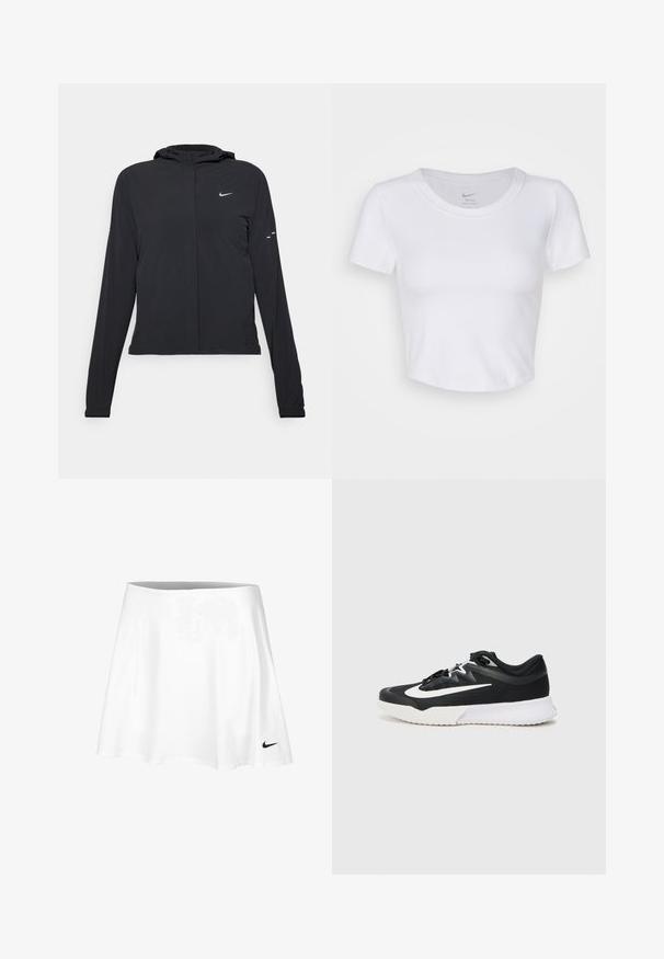Casaco preto com capuz e mangas longas, feito de material leve. Apresenta um fecho dourado na frente, um logótipo da Nike e detalhes de design subtis.; Top cropped branco, de mangas curtas, feito de material sintético suave. Apresenta um decote redondo e o logotipo da Nike dentro da gola.; Saia de ténis branca feita de um tecido leve, com um design arredondado e uma cintura elástica. Um pequeno logótipo da Nike em preto está presente na barra.; Sapatilha atlética preta com detalhes brancos, apresentando um cabedal texturizado, bico redondo, atacadores planos e uma sola grossa de borracha branca.