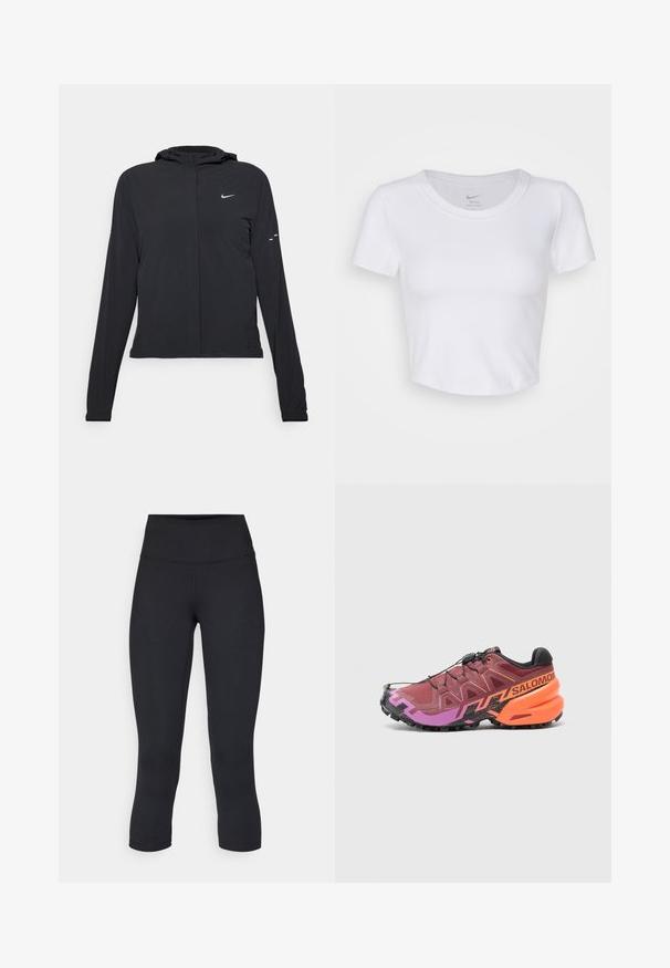 Must musta kapuutsiga jakk, millel on pikad varrukad ja mis on valmistatud kergetest materjalidest. Omab esitaskut, Nike logo ja kergelt silmatorkavaid disainiaktsente.; Valge, lühikeste käistega lühike topp, mis on valmistatud siledast sünteetilisest materjalist. Omab ümarat kaelust ja Nike logo krae sees.; Mustad mustad õhukesed leggingud, mis on valmistatud venivast kangast, kõrge vöökoha ja siledaga, ilma nähtavate mustrite või metalldetailideta.; Rattaka jooksujalats, millel on maroon, lilla ja must disain, tekstureeritud pealmine osa ning silmapaistvad oranžid aktsendid kanna piirkonnas.