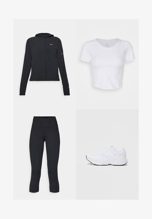 Must musta kapuutsiga jakk, millel on pikad varrukad ja mis on valmistatud kergetest materjalidest. Omab esitaskut, Nike logo ja kergelt silmatorkavaid disainiaktsente.; Valge, lühikeste käistega lühike topp, mis on valmistatud siledast sünteetilisest materjalist. Omab ümarat kaelust ja Nike logo krae sees.; Mustad mustad õhukesed leggingud, mis on valmistatud venivast kangast, kõrge vöökoha ja siledaga, ilma nähtavate mustrite või metalldetailideta.; Valge spordijalats, millel on võrkpinna ülemine osa, polsterdatud kaelus ja tekstureeritud tald. Küljel on hõbedane logo ning stiilne ja kaasaegne disain.