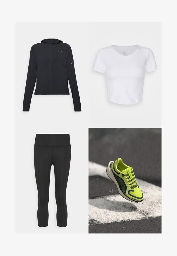 Veste à capuche noire avec des manches longues, fabriquée en matériau léger. Elle comporte une fermeture éclair à l'avant, un logo Nike et des accents de design subtils.; Crop top blanc à manches courtes en matériau synthétique lisse. Présente un col rond et un logo Nike à l'intérieur du col.; Leggings capri noirs en matière lisse et extensible. Ils possèdent une large taille-épaisse et aucun motif ou accent visible.; Chaussure de course jaune néon avec une tige en mesh respirant, des accents foncés contrastants, des lacets texturés et une semelle intermédiaire blanche rembourrée.