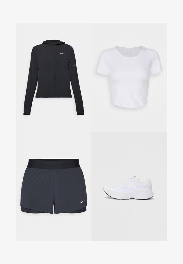 Mustassa hupparissa on pitkät hihat, ja se on valmistettu kevyestä materiaalista. Siinä on edessä vetoketju, Nike-logo ja hillityt muotoiluyksityiskohdat.; Valkoinen, lyhythihainen crop-top, joka on valmistettu sileästä synteettisestä materiaalista. Sisältää pyöreän kaula-aukon ja Nike-logon kauluksessa.; Mustat urheilushortsit, joissa on joustava vyötärö. Shortseissa on kerroksellinen muotoilu ja pieni valkoinen Nike-logo vasemmassa alareunassa. Kevyt materiaali.; Valkoinen urheilukengä, jossa on verkkokangasyläosa, pehmustettu kaulus ja teksturoitu pohja. Sivussa on hopeinen logo ja tyylikäs, moderni muotoilu.