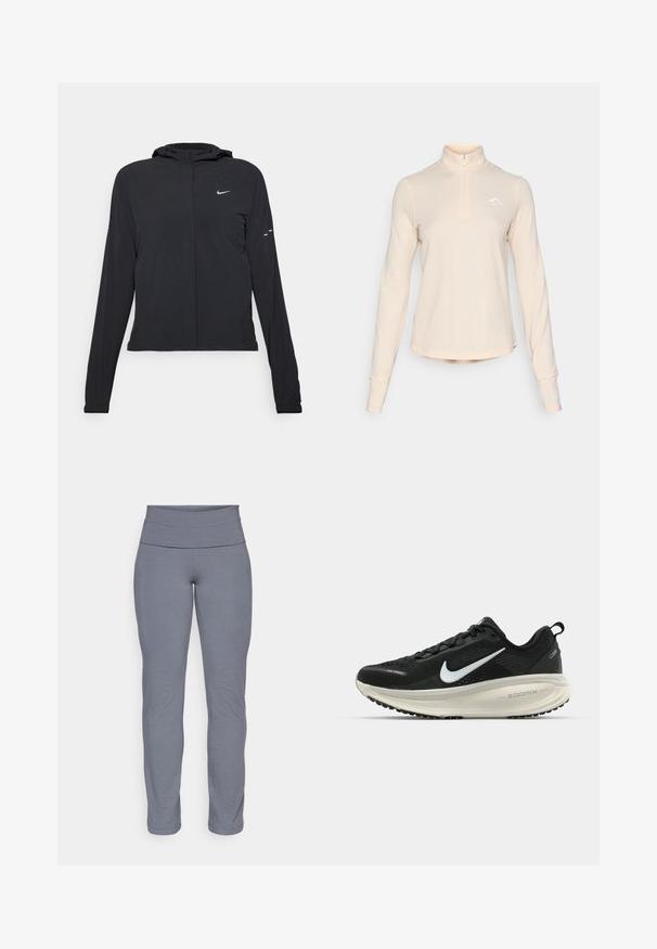 Veste à capuche noire avec des manches longues, fabriquée en matériau léger. Elle comporte une fermeture éclair à l'avant, un logo Nike et des accents de design subtils.; Haut à manches longues beige clair à demi-zip, en tissu texturé, avec un petit logo blanc sur la poitrine et des poignets ajustés.; Leggings de sport gris avec une large taille lisse et une coupe ajustée et fuselée. Fabriqués dans un tissu doux et extensible.; Baskets de course noir Nike avec tige respirante en mesh, logo swoosh blanc, détails texturés et semelle intermédiaire ZoomX de couleur crème.