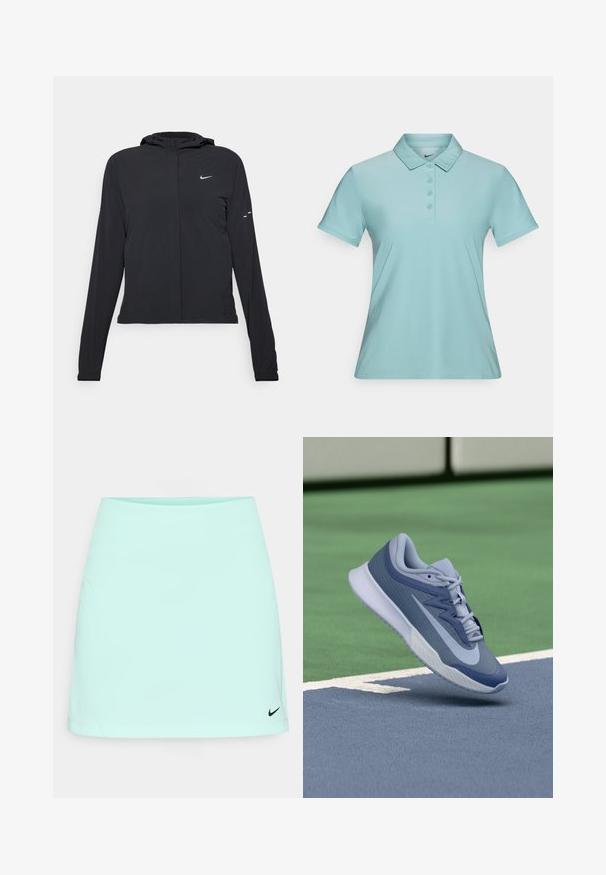 Casaco preto com capuz e mangas longas, feito de material leve. Apresenta um fecho dourado na frente, um logótipo da Nike e detalhes de design subtis.; Polo azul claro com pala de botões, mangas curtas e um colarinho clássico. Feita de tecido suave e leve. Logótipo da Nike no colarinho.; Saia de ténis verde menta com uma textura suave, apresenta um logo preto da Nike no canto inferior direito, desenhada para o desempenho atlético.; Sapatilhas desportivas em azul claro e azul marinho, com um topo texturizado, atacadores planos e uma sola leve branca. Elevadas acima de uma superfície de campo.