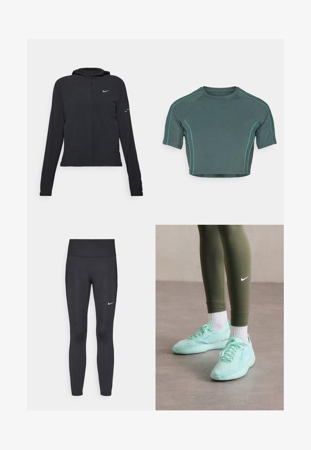 Crna jakna s kapuljačom i dugim rukavima, izrađena od laganog materijala. Ima prednji patentni zatvarač, Nike logo i suptilne dizajnerske detalje.; Uska kratka majica od tamnozelene tkanine s kratkim rukavima, kontrastnim svijetlozelenim šavovima i okruglim izrezom, s prilagođenim dizajnom.; Crne tajice izrađene od rastezljivog materijala, s visokim strukom i bijelim Nike logotipom na lijevom bedru. Glatka tekstura, dizajn koji prati obline.; Svijetlo mint zelene Nike tenisice s mrežastim gornjim dijelom i teksturiranim potplatom, uparene s maslinasto zelenim tajicama i bijelim čarapama.