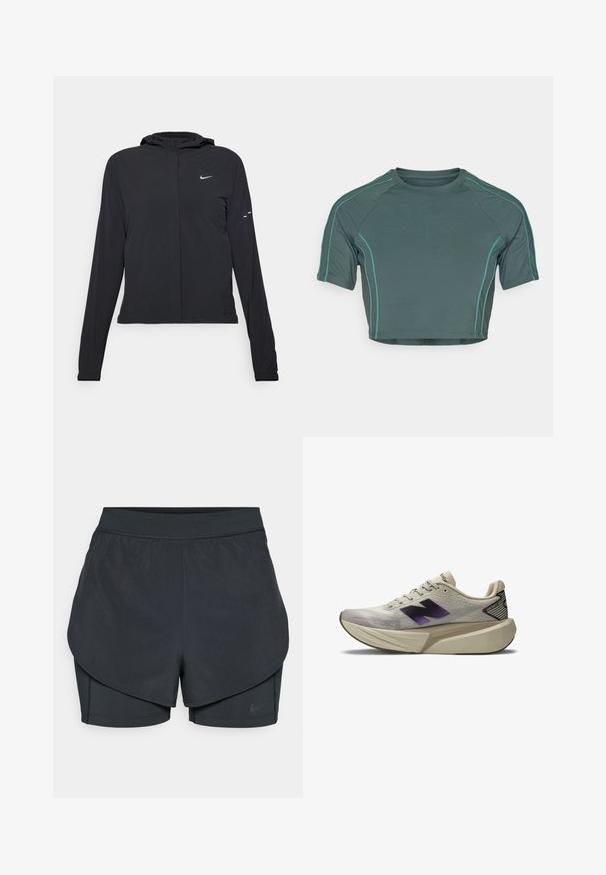 Čierna kapucňová bunda s dlhou rukávou, vyrobená z ľahkého materiálu. Má predný zips, logo Nike a jemné dizajnové akcenty.; Kraťasový top vyrobený z tmavozelenej tkaniny, s krátkymi rukávmi, kontrastným svetlozeleným stehom a okrúhlym výstrihom s priliehavým strihom.; Čierne športové šortky s vrstveným dizajnom, s hladkou vonkajšou vrstvou a priliehavými vnútornými šortkami. Vyrobené z ľahkej, elastickej tkaniny.; Svetlo béžová športová obuv s robustnou podrážkou, čiernym a fialovým logom "N" po boku a štítkom "FantomFit" na päte.