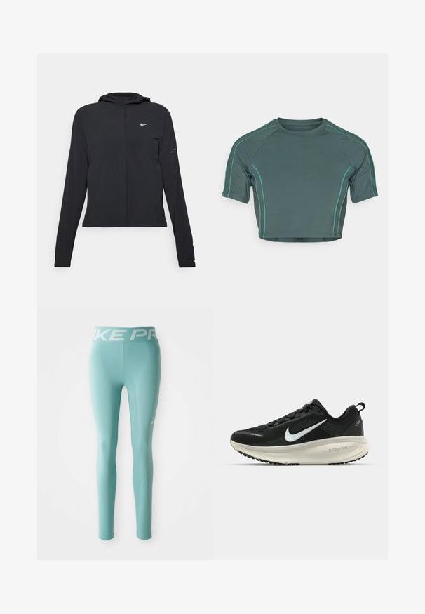Sort hættetrøje med lange ærmer, lavet af letvægtsmateriale. Har en frontlynlås, et Nike-logo og subtile designaccenter.; Crop top lavet af mørkegrønt stof med korte ærmer, kontrasterende lysegrøn syning og en rund halsudskæring med en tætsiddende design.; Lyseblå træningslegginger i fuld længde med en hvid Nike Pro mærket talje og en lille hvid Nike swoosh på højre lår.; Sort Nike løbesko med åndbart mesh-overdel, hvidt swoosh-logo, tekstureret detaljering og en cremede ZoomX mellemsål.