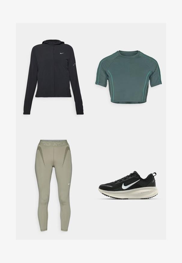 Black hooded jacket with long sleeves, made from lightweight material. Features a front zipper, a Nike logo, and subtle design accents.; Crop top made of dark green fabric featuring short sleeves, contrast light green stitching, and a round neckline with a fitted design.; Leggings made of stretchy, lightweight fabric in olive green with a high waistband, featuring subtle vertical lines and a small logo.; Black Nike running shoe with breathable mesh upper, white swoosh logo, textured detailing, and a cream-colored ZoomX midsole.