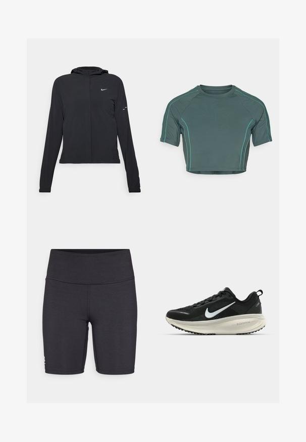 Sort hættetrøje med lange ærmer, lavet af letvægtsmateriale. Har en frontlynlås, et Nike-logo og subtile designaccenter.; Crop top lavet af mørkegrønt stof med korte ærmer, kontrasterende lysegrøn syning og en rund halsudskæring med en tætsiddende design.; Sorte atletiske shorts lavet af strækbart stof, med en høj talje og flade syninger. Designet til komfort og bevægelighed.; Sort Nike løbesko med åndbart mesh-overdel, hvidt swoosh-logo, tekstureret detaljering og en cremede ZoomX mellemsål.