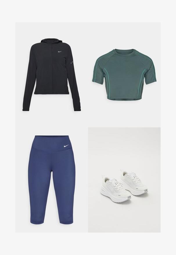 Jachetă neagră cu glugă, cu mâneci lungi, fabricată din material ușor. Dispune de un fermoar frontal, un logo Nike și accente de design subtile.; Top scurt din țesătură verde închis, cu mâneci scurte, cusături contrastante de un verde deschis și un decolteu rotund, având un design ajustat.; Leggings capri de culoare albastru marin, realizate dintr-un material elastic, cu o talie lată și un mic logo alb pe partea stângă. Fără cusături vizibile.; Pantofi sport albi cu un superior din plasă texturată, talpă amortizată și accente subtile de gri. Include branding și un buclă la călcâi pentru a fi ușor de încălțat.