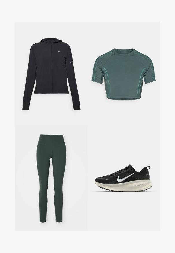 Svart hettegenser med lange ermer, laget av lett materiale. Har glidelås foran, Nike-logo og subtile design detaljer.; Crop top laget av mørkegrønt stoff med korte ermer, kontrasterende lysgrønn søm, og rund hals med en tettsittende design.; Nike Performance ONE - Tights - vintage green; Svart Nike løpesko med pustende mesh-overdel, hvit swoosh-logo, teksturert detaljer og en kremfarget ZoomX mellomsåle.