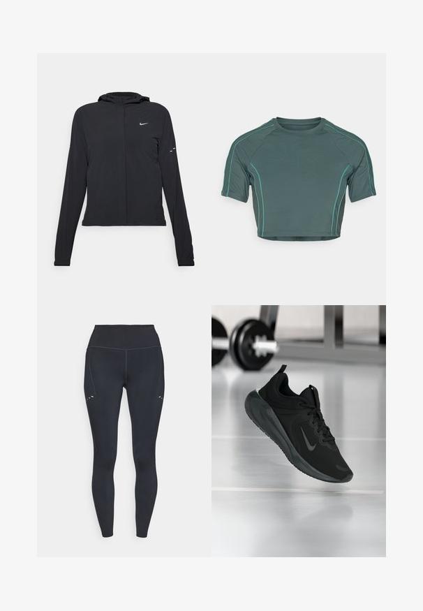 Crna jakna s kapuljačom i dugim rukavima, izrađena od laganog materijala. Ima prednji patentni zatvarač, Nike logo i suptilne dizajnerske detalje.; Uska kratka majica od tamnozelene tkanine s kratkim rukavima, kontrastnim svijetlozelenim šavovima i okruglim izrezom, s prilagođenim dizajnom.; Crne tajice s visokim strukom, izrađene od elastičnog materijala, s diskretnim detaljima šivanja i malim izrezima na gornjem dijelu bedara.; Crna sportska tenisica s Nike logotipom, prikazana u zraku na podu teretane, s mutnom stalcem za bučice u pozadini.