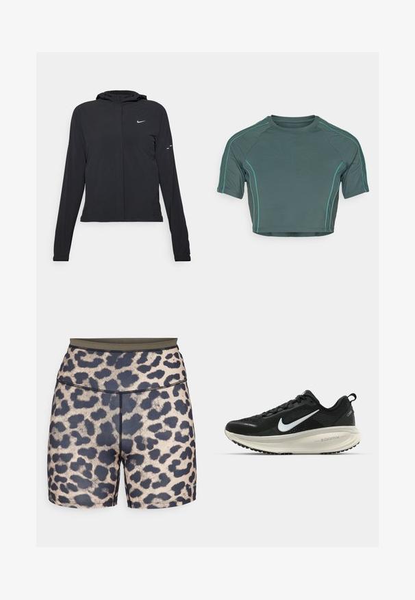Casaco preto com capuz e mangas longas, feito de material leve. Apresenta um fecho dourado na frente, um logótipo da Nike e detalhes de design subtis.; Top curto feito de tecido verde escuro, com mangas curtas, costura em verde claro em contraste e com um decote redondo em design ajustado.; Calções com padrão de leopardos, com uma cintura escura, feitos de material sintético suave. Apresentam padrões em preto e bege, costuras alinhadas e detalhe do logótipo.; Sapatilha de corrida Nike preta com parte superior de malha respirável, logotipo Swoosh branco, detalhes texturizados e uma entressola ZoomX na cor creme.