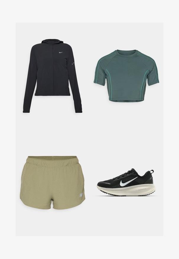 Casaco preto com capuz e mangas longas, feito de material leve. Apresenta um fecho dourado na frente, um logótipo da Nike e detalhes de design subtis.; Top curto feito de tecido verde escuro, com mangas curtas, costura em verde claro em contraste e com um decote redondo em design ajustado.; New Balance SHORT - Calções desportivos - dark olivine; Sapatilha de corrida Nike preta com parte superior de malha respirável, logotipo Swoosh branco, detalhes texturizados e uma entressola ZoomX na cor creme.