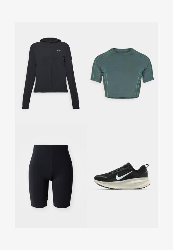 Casaco preto com capuz e mangas longas, feito de material leve. Apresenta um fecho dourado na frente, um logótipo da Nike e detalhes de design subtis.; Top curto feito de tecido verde escuro, com mangas curtas, costura em verde claro em contraste e com um decote redondo em design ajustado.; Calções ajustados pretos feitos de um material suave e elástico. Apresentam uma cintura alta e um design elegante e minimalista, sem fechos visíveis.; Sapatilha de corrida Nike preta com parte superior de malha respirável, logotipo Swoosh branco, detalhes texturizados e uma entressola ZoomX na cor creme.