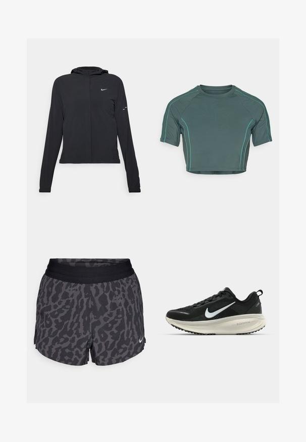 Jachetă neagră cu glugă, cu mâneci lungi, fabricată din material ușor. Dispune de un fermoar frontal, un logo Nike și accente de design subtile.; Top scurt din țesătură verde închis, cu mâneci scurte, cusături contrastante de un verde deschis și un decolteu rotund, având un design ajustat.; Shorts cu imprimeu leopard negru și gri, cu o talie elastică lată, având un luciu subtil și un mic logo alb Nike în colțul din dreapta jos.; Pantofii de alergare negri de la Nike, cu parte superioară din plasă respirabilă, logo-ul alb Swoosh, detalii texturate și o talpă intermediară ZoomX de culoare crem.