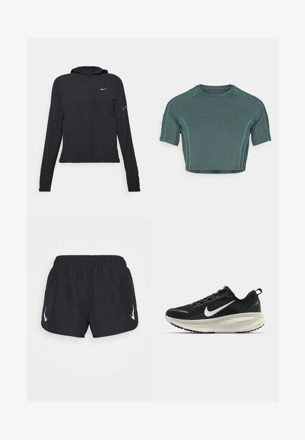 Mustassa hupparissa on pitkät hihat, ja se on valmistettu kevyestä materiaalista. Siinä on edessä vetoketju, Nike-logo ja hillityt muotoiluyksityiskohdat.; Lyhythihainen tummanvihreä crop top, jossa on vaaleanvihreät tikkaukset ja pyöreä pääntie, istuva malli.; Mustat urheilushortsit, joissa on joustava vyötärönauha ja valkoinen logo vasemmalla puolella. Valmistettu kevyestä, sileästä kankaasta.; Mustat Nike-juoksukengät, joissa on hengittävä verkko-osa, valkoinen swoosh-logo, teksturoitu yksityiskohtaus ja kermaisen värinen ZoomX-välipohja.