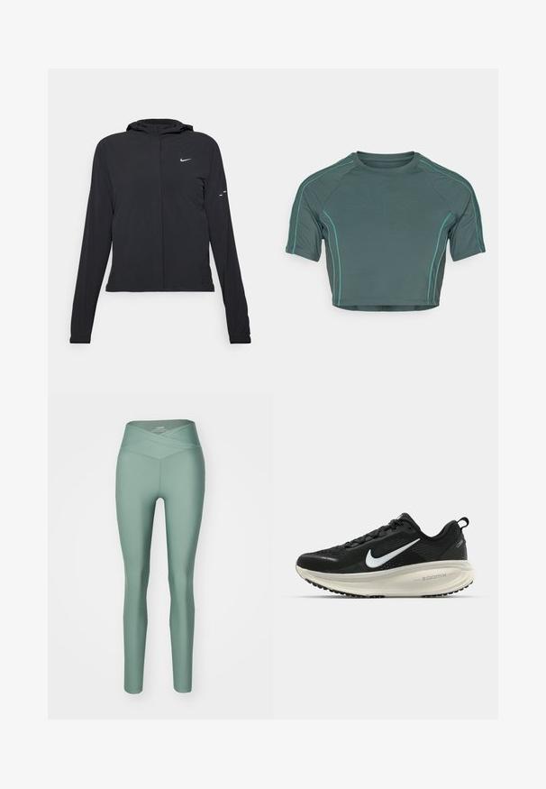 Jachetă neagră cu glugă, cu mâneci lungi, fabricată din material ușor. Dispune de un fermoar frontal, un logo Nike și accente de design subtile.; Top scurt din țesătură verde închis, cu mâneci scurte, cusături contrastante de un verde deschis și un decolteu rotund, având un design ajustat.; Colanți verzi cu talie înaltă și bandă încrucișată, realizați dintr-un material elastic, cu o textură netedă și un design ajustat.; Pantofii de alergare negri de la Nike, cu parte superioară din plasă respirabilă, logo-ul alb Swoosh, detalii texturate și o talpă intermediară ZoomX de culoare crem.