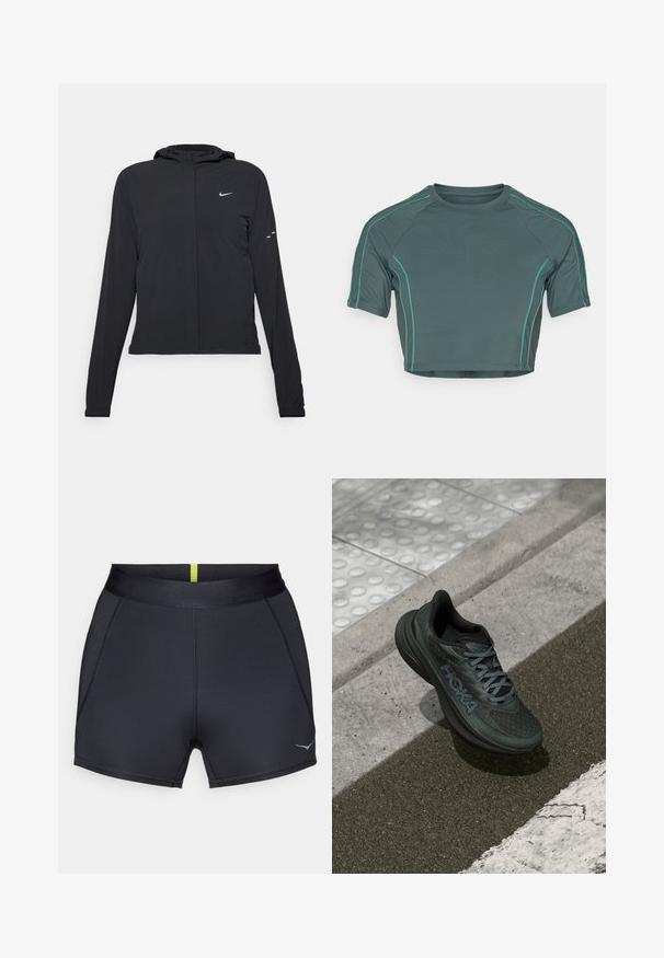 Fekete kapucnis dzseki hosszú ujjakkal, könnyű anyagból készült. Elülső cipzárral, Nike logóval és diszkrét dizájn elemekkel rendelkezik.; Sötétzöld anyagból készült crop top, rövid ujjakkal, világoszöld kontrasztvarrással és kerek nyakkivágással, testhezálló kialakítással.; Fekete sportnadrág sima textúrával, széles gumis derékkal és karcsú szabással. A hátsó részen egy vékony sárga csík látható.; Fekete futócipő hálós felsőrésszel, texturált részletekkel és logóval, párnázott talppal és szürke fűzőkkel, betonalapra helyezve.
