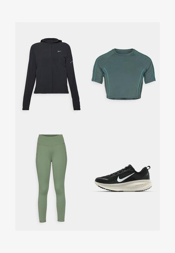 Fekete kapucnis dzseki hosszú ujjakkal, könnyű anyagból készült. Elülső cipzárral, Nike logóval és diszkrét dizájn elemekkel rendelkezik.; Sötétzöld anyagból készült crop top, rövid ujjakkal, világoszöld kontrasztvarrással és kerek nyakkivágással, testhezálló kialakítással.; Zöld sportleggings magas derékkal, rugalmas anyagból készült, lapos varrásokkal és sima textúrával.; Fekete Nike futócipő légáteresztő hálós felsőrésszel, fehér Swoosh logóval, textúrázott részletekkel és krém színű ZoomX középtalppal.