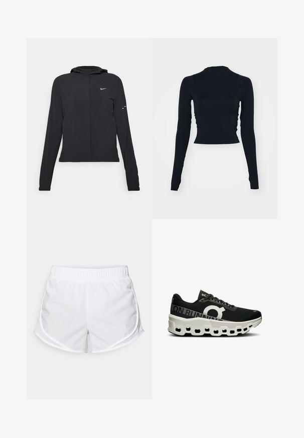 Must musta kapuutsiga jakk, millel on pikad varrukad ja mis on valmistatud kergetest materjalidest. Omab esitaskut, Nike logo ja kergelt silmatorkavaid disainiaktsente.; Must mustaga, pikka varrukaga lühike topp kõrge kaelusega. Valmistatud siledast, liibuvast materjalist, ilma nähtavate mustrite või aktsentideta.; Valged spordilühikesed püksid, mis on valmistatud kergest ja hingavast kangast. Omavad elastset vöökohta ja võrkpaneele külgedel, millel on väike sinine logo aktsent.; Mustade jooksujalatsid, millel on tekstuuriga võrkkangas ülemine osa, silmatorkav valge logo ja ainulaadne valge ja must vormitud tald, millel on kuusnurksete aukude mustrid.
