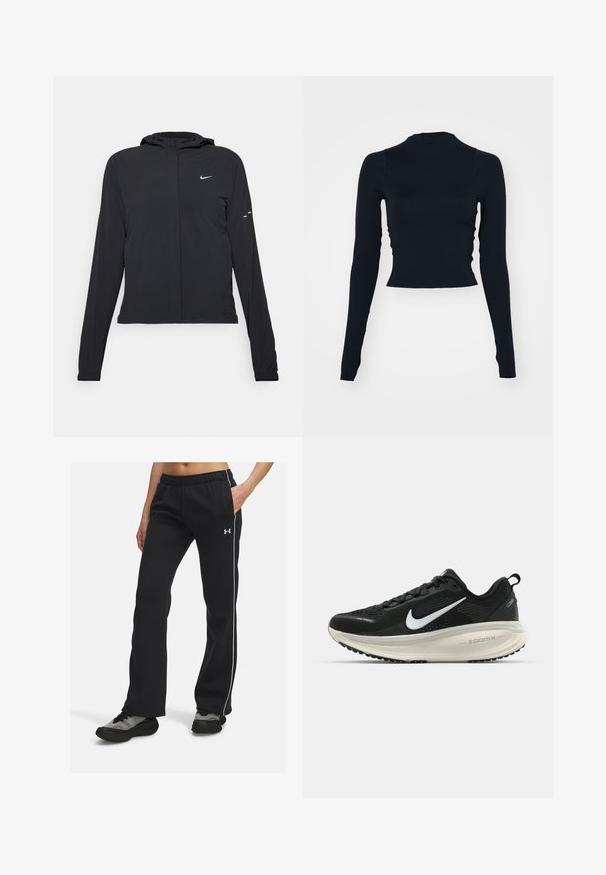 Chaqueta negra con capucha y mangas largas, hecha de un material ligero. Presenta un cierre frontal, un logo de Nike y acentos de diseño sutiles.; Top corto negro de manga larga con un cuello alto. Fabricado con un material suave y ajustado, sin patrones ni acentos visibles.; Pantalones deportivos negros con cinturilla elástica, rayas blancas a los lados y tela suave. Combinados con zapatillas oscuras y con estampado.; Zapatilla de running Nike negra con parte superior de malla transpirable, logo Swoosh blanco, detalles texturizados y una entresuela ZoomX de color crema.