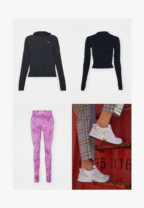 Jachetă neagră cu glugă, cu mâneci lungi, fabricată din material ușor. Dispune de un fermoar frontal, un logo Nike și accente de design subtile.; Top scurt, negru, cu mâneci lungi și guler înalt. Fabricat dintr-un material neted, strâns pe corp, fără modele sau accente vizibile.; Leggings roz cu un model marmorat, având un tiv elastic și o textură netedă. Logo-ul mărcii este afișat în alb pe lateral.; Adidași albi din plasă cu accente argintii și o talpă texturată, așezați pe o suprafață roșie, asociați cu pantaloni în carouri.