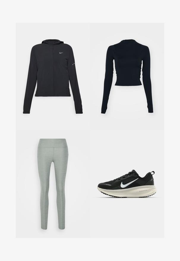 Casaco preto com capuz e mangas longas, feito de material leve. Apresenta um fecho dourado na frente, um logótipo da Nike e detalhes de design subtis.; Top cropped preto de mangas longas com um decote alto. Feito de um material liso e ajustado, sem padrões ou detalhes visíveis.; Leggings verdes claros feitos de um tecido elástico, com uma textura suave, alta cintura e design ajustado. Sem padrões visíveis ou detalhes.; Sapatilha de corrida Nike preta com parte superior de malha respirável, logotipo Swoosh branco, detalhes texturizados e uma entressola ZoomX na cor creme.