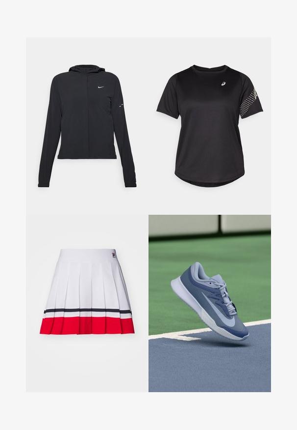 Mustassa hupparissa on pitkät hihat, ja se on valmistettu kevyestä materiaalista. Siinä on edessä vetoketju, Nike-logo ja hillityt muotoiluyksityiskohdat.; Musta urheilupaita, lyhyet hihat, pyöreä pääntie, jossa on teksturoidut kankaat ja pistekoristeet oikeassa hihassa. Logo rinnassa.; Pleated skirt made of white fabric, adorned with horizontal red and navy stripes at the hem, complemented by a smooth waistband and a logo tag.; Urheilukengät vaaleansinisen ja tummansinisen sävyissä, joissa on teksturoitu päällinen, litteät nauhat ja kevyt valkoinen pohja. Nostettuna kenttäpinnan ylle.