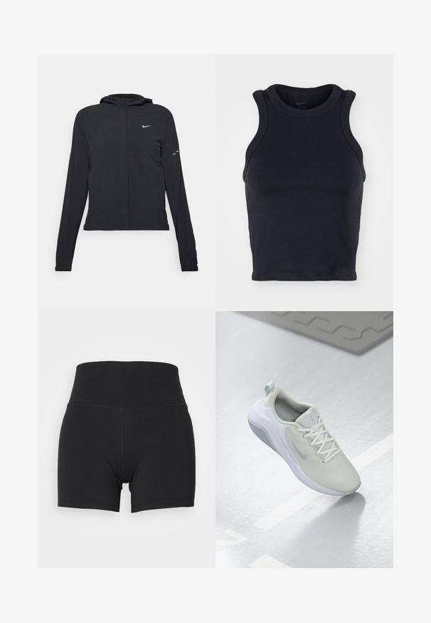 Schwarze Kapuzenjacke mit langen Ärmeln, aus leichtem Material gefertigt. Sie hat einen vorderen Reißverschluss, ein Nike-Logo und dezente Designelemente.; Schwarzes, ärmelloses Sport-Crop-Top mit rundem Ausschnitt, aus glattem Material hergestellt. Besitzt verstärkte Nähte und einen figurbetonten Sitz.; Schwarze Sportshorts mit einem hohen, elastischen Bund, gefertigt aus glattem, dehnbarem Stoff. Verfügt über ein körpernahes Design und minimale Nähte.; Hellgrauer Sportschuh mit einem Obermaterial aus Netzgewebe, kreisförmigem Muster, weißen Akzenten, flachen Schnürsenkeln und einer strukturierten Sohle für besseren Halt.