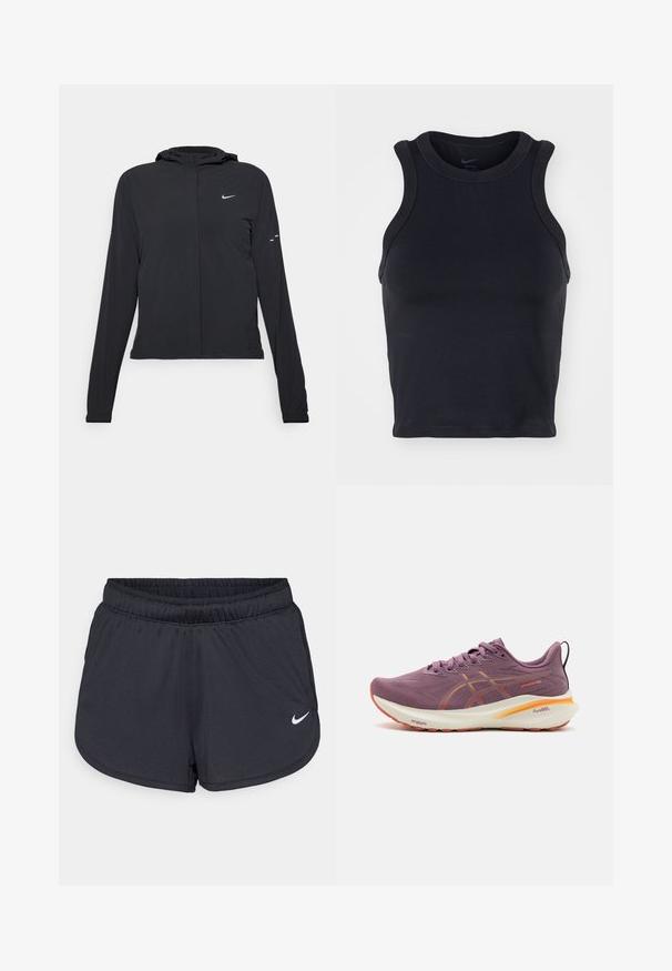 Black hooded jacket with long sleeves, made from lightweight material. Features a front zipper, a Nike logo, and subtle design accents.; Black, sleeveless athletic crop top with a round neckline, made of smooth fabric. Features reinforced seams and a snug fit.; Black athletic shorts made of lightweight, breathable fabric. Features an elastic waistband and white Nike logo on the lower right side.; Purple running shoe with a textured upper, orange accents, a cushioned sole, and a prominent logo on the side. Features laces and a heel tab.