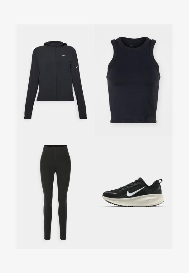 Casaco preto com capuz e mangas longas, feito de material leve. Apresenta um fecho dourado na frente, um logótipo da Nike e detalhes de design subtis.; Top desportivo preto, sem mangas, com um decote redondo, feito de tecido suave. Apresenta costuras reforçadas e um ajuste justo.; Leggings pretos de cintura alta feitos de material elástico, com uma textura suave e detalhes em painel lateral para um ajuste aerodinâmico.; Sapatilha de corrida Nike preta com parte superior de malha respirável, logotipo Swoosh branco, detalhes texturizados e uma entressola ZoomX na cor creme.
