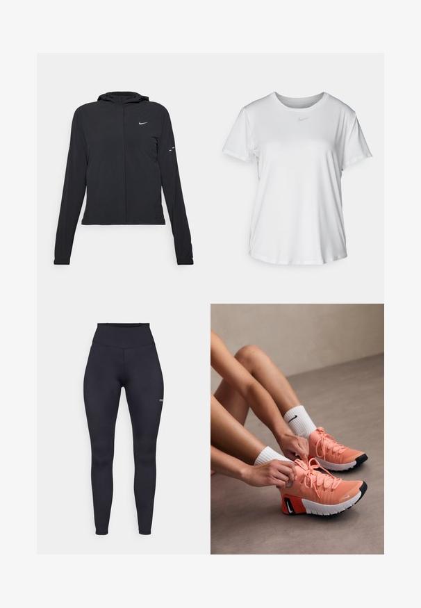 Black hooded jacket with long sleeves, made from lightweight material. Features a front zipper, a Nike logo, and subtle design accents.; White short-sleeve T-shirt made of smooth fabric, featuring a round neckline and a small grey Nike logo on the chest.; High-waisted black leggings made of stretch fabric, featuring a smooth texture and a small logo on the lower leg. Form-fitting design.; Lightweight pink athletic shoes with textured fabric, prominent laces, and rubber soles. Finished with a contrasting black and white logo detail.